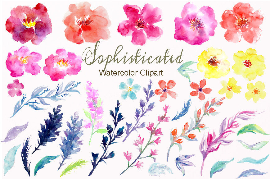 Watercolor Flower Collection Sophisticated, pink, yellow, orange and purple flowers, instant download