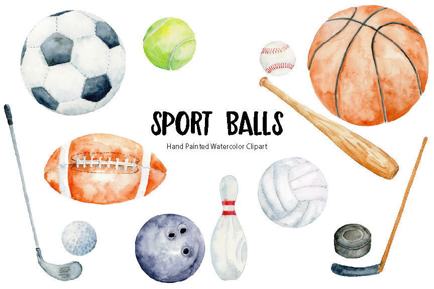 watercolor soccer, football, tennis ball, basket ball, bowling ball, hockey puck, golf ball, volleyball