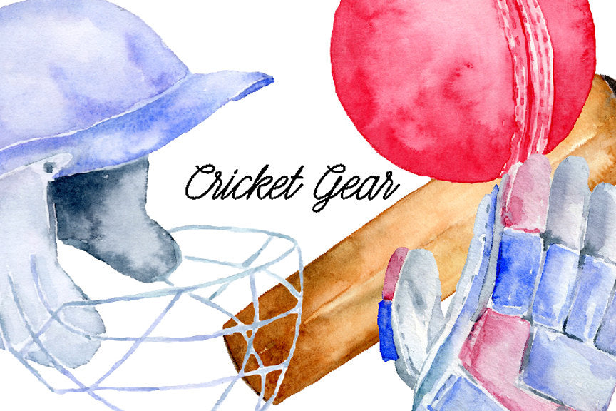 watercolor cricket equipment including cricket bat, gloves, leg pad, halmat and cricket stumps