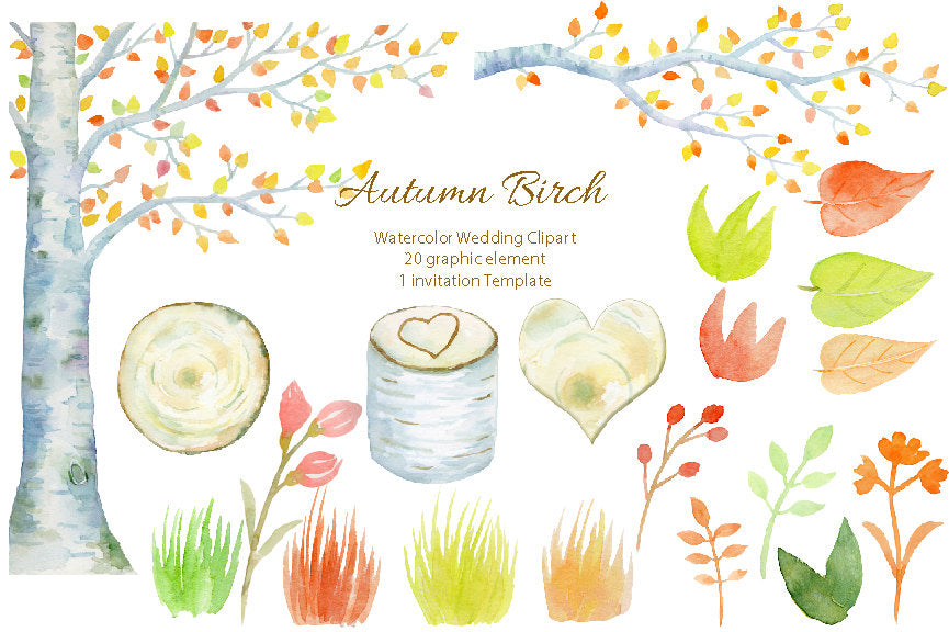 watercolor autumn birch tree, fall color, wedding invitation 