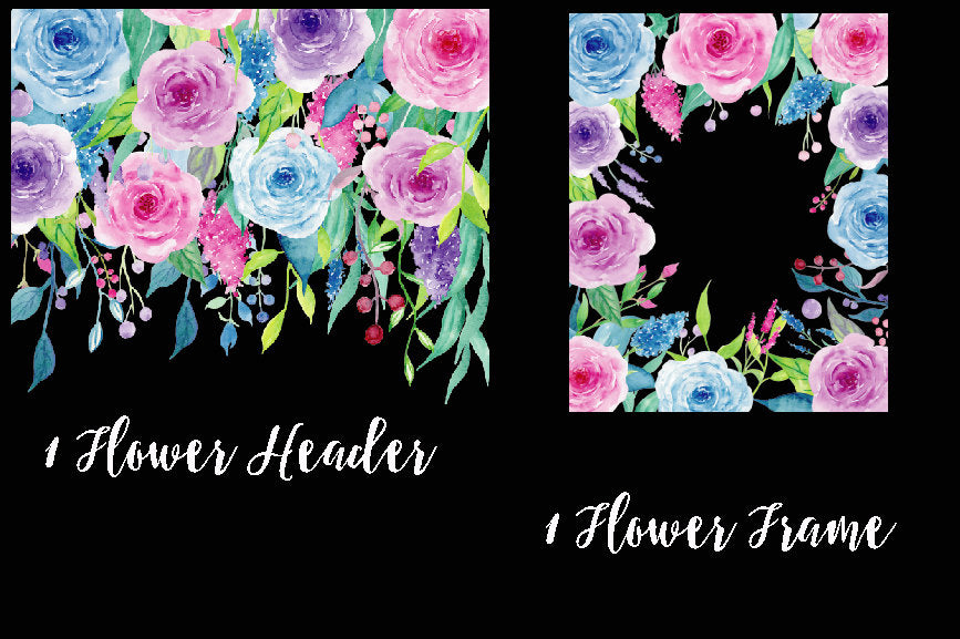 Watercolor clipart Violet, floral border, floral frame, instant download 