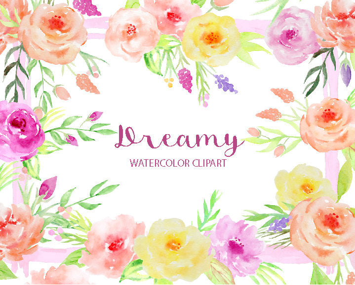Watercolor clipart Dreamy, yellow rose, pink rose, blush rose, floral arrangement blog web