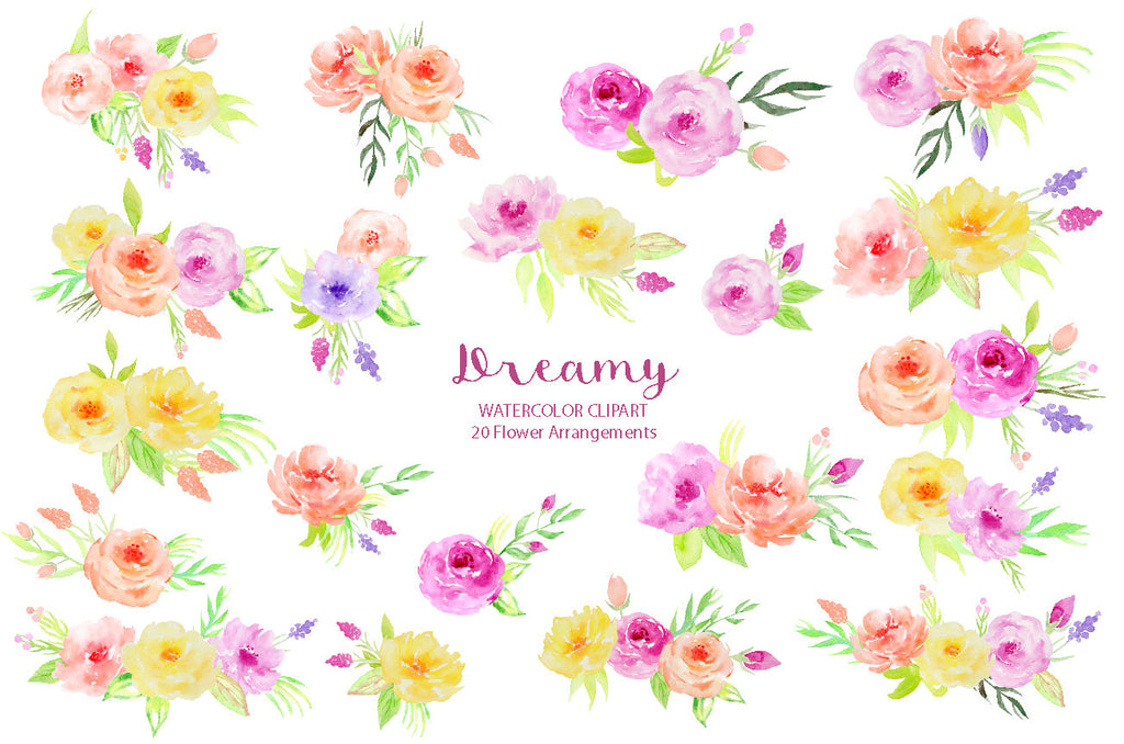 Watercolor clipart Dreamy, yellow rose, pink rose, blush rose, floral arrangement blog web