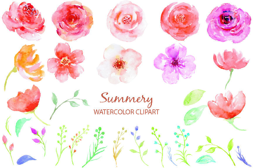 watercolour clip art summery, bright summer flowers, instant download, watercolor elements 