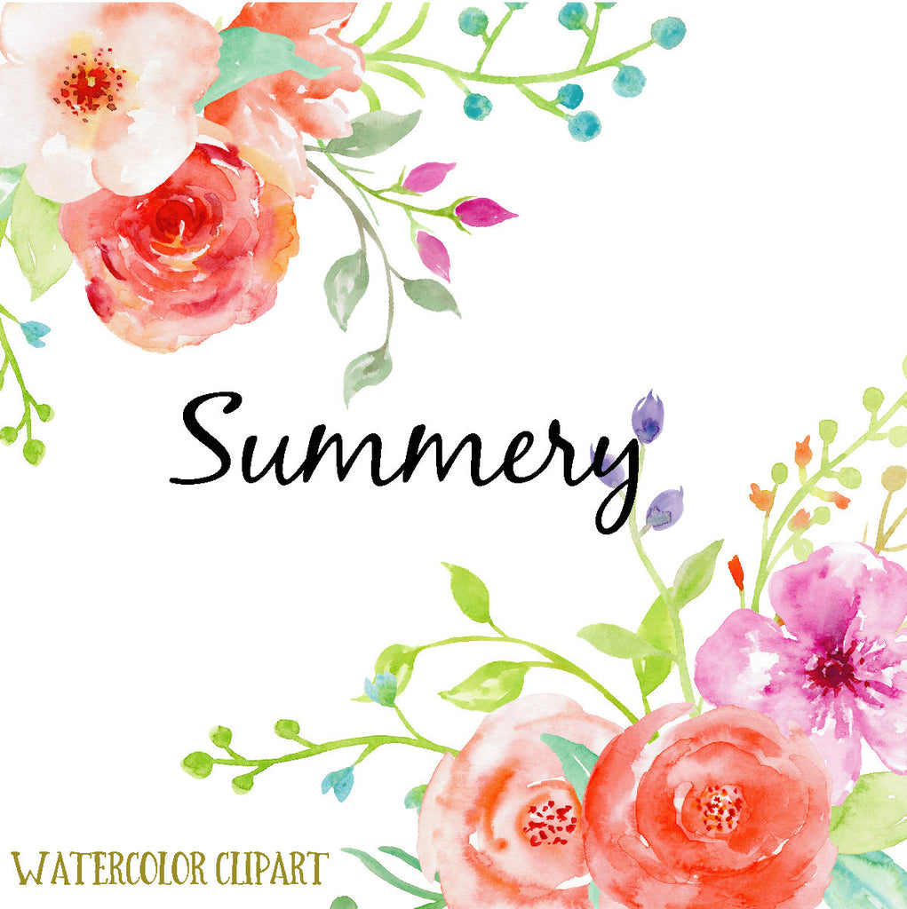 watercolor clipart summery, bright red and purple roses, floral arrangement, instant download 