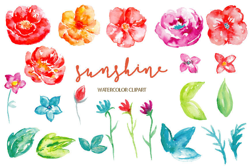 Watercolor clipart Sunshine, bright red flower, orange flower, purple flower, instant download 