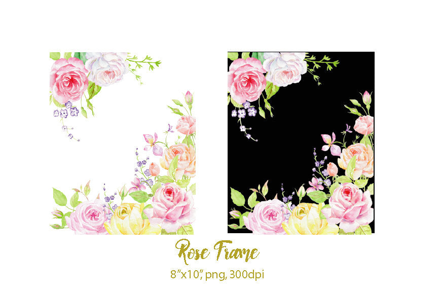 watercolor rose frame, floral artwork, corner croft 
