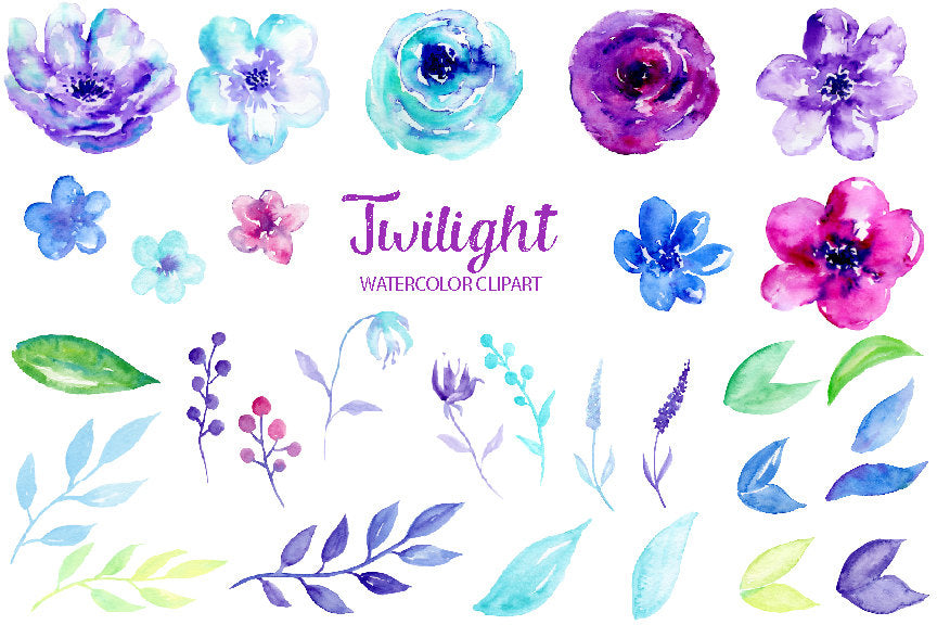 Watercolor Clipart Twilight, blue and purple flowers, ultra violet flowers for instant download