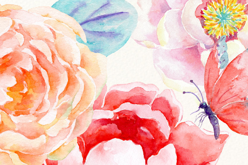 peony floral arrangement, watercolor clipart, butterfly illustration 