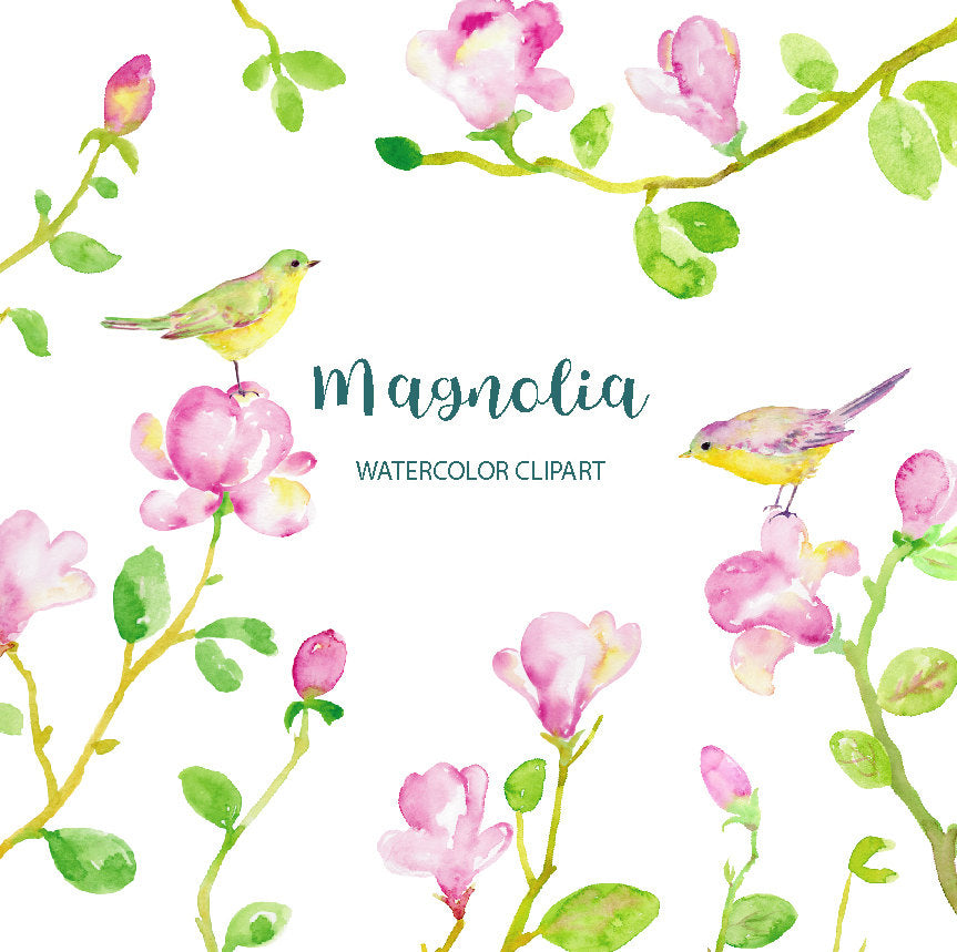 abstract watercolour pink magnolia, instant download, digital watercolor clipart, 
