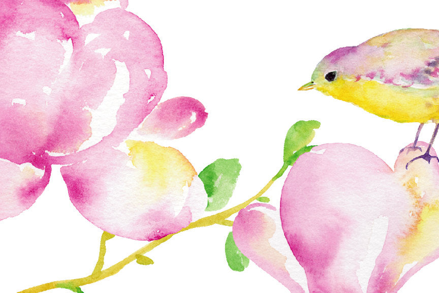 wedding flower pink magnolia, and cute birds, watercolor illustration, corner croft