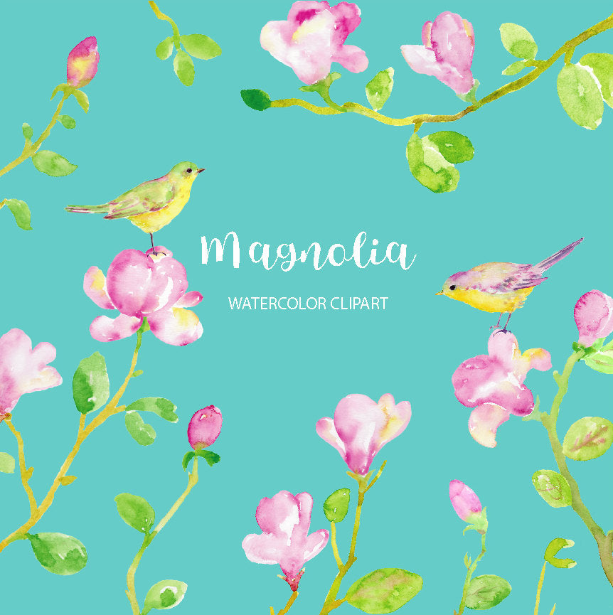 watercolor magnolia clipart, pink magnolia, ping and green birds, wedding flower, instant download 