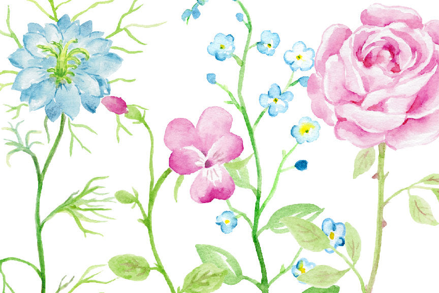 Beautiful pink and blue themed summer meadow for instant download. The typical meadow flowers includes rose, pansy, thistle, cosmos, nasturtium, pink carnation and corn flower. 