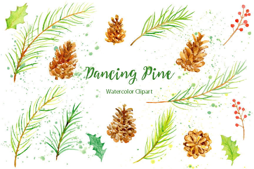 watercolor clipart dancing pine, Christmas clipart