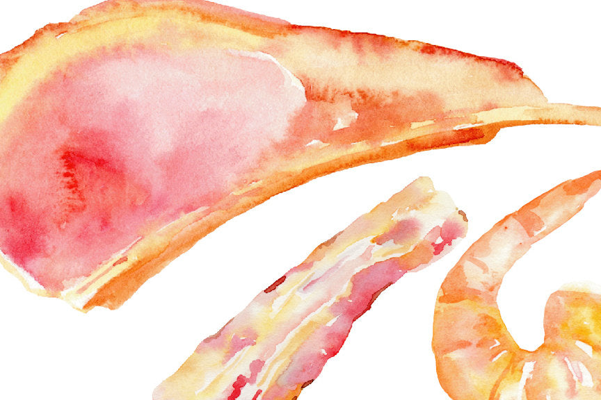watercolour food illustration, meat, fish and prawns, instant download 