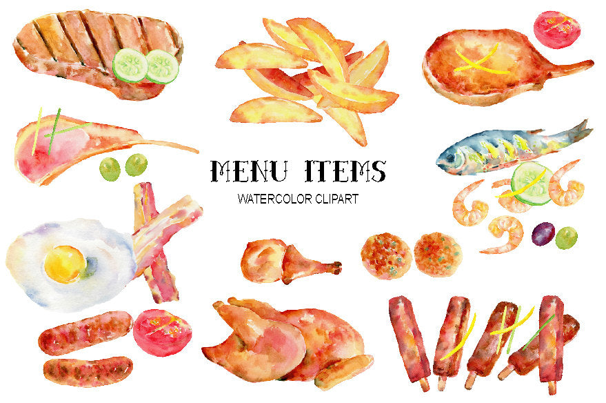 watercolor clipart meun items, beef, ribs, bacon, meat balls, fish, prawns, eggs, chicken, chicken drum, lamb and garnish