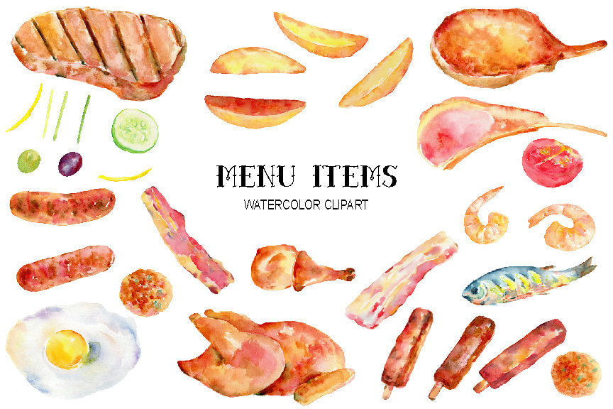 watercolor clipart food items, beef, ribs, bacon, meat balls, fish, prawns, eggs, chicken, chicken drum, lamb and garnish