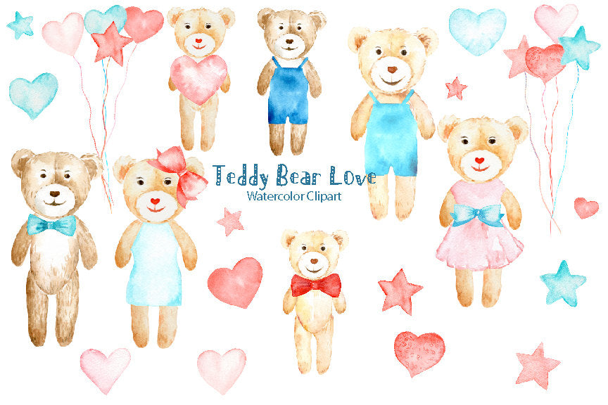 watercolor teddy bear clipart, valentine clipart