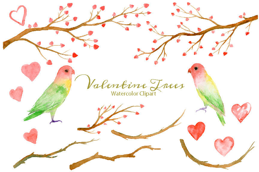 Watercolor Clipart Valentine Trees, tree branch with red hearts, love birds, love wreath, instant download, valentine clipart