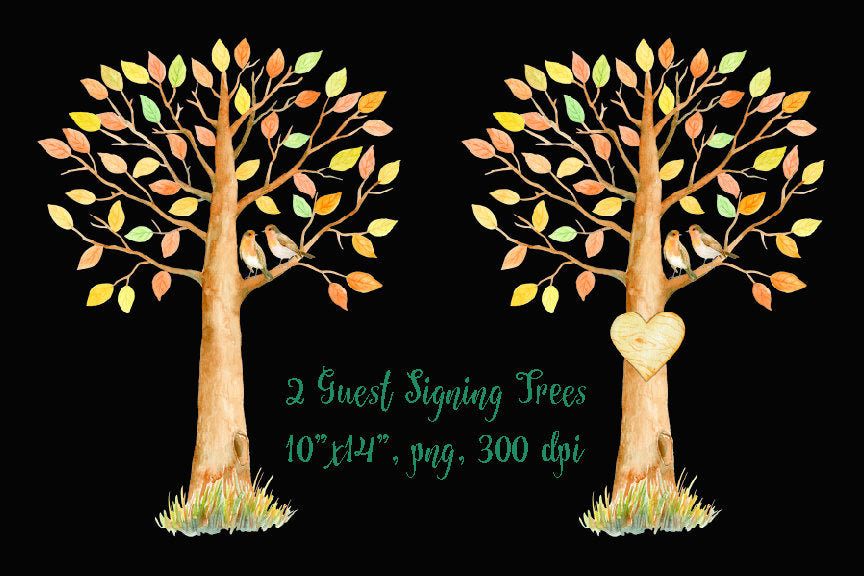 watercolor guest signing tree, fall tree, autumn color, tree illustration 