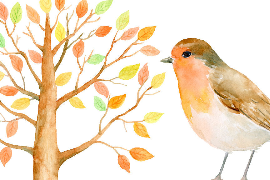 watercolor guest signing tree, robin, bird illustration 