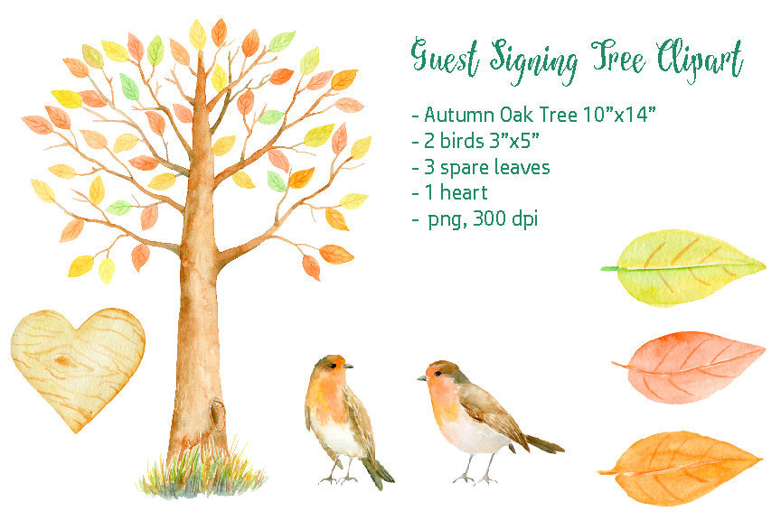 watercolor autumn oak tree, guest signing tree, birds, robin