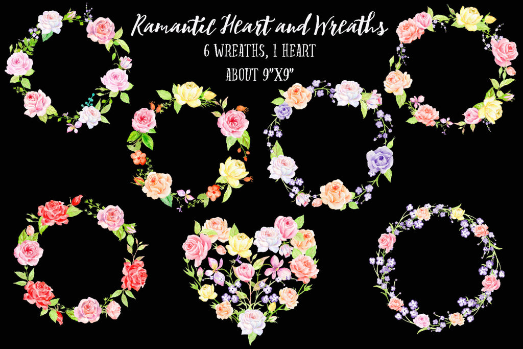 watercolor heart, watercolor wreath, rose wreath, romantic heart and wreaths for instant download