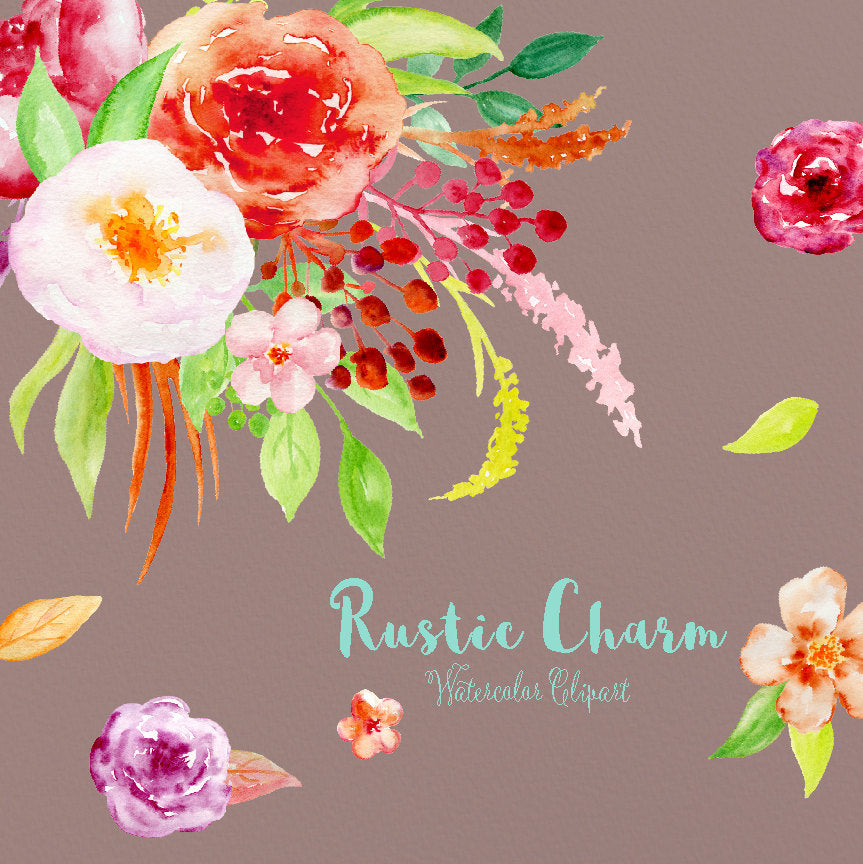 watercolour clipart rustic charm, vintage flower, red, orange pink flowers