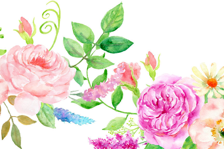 watercolor pink, purple rose composition, digital download, corner croft 
