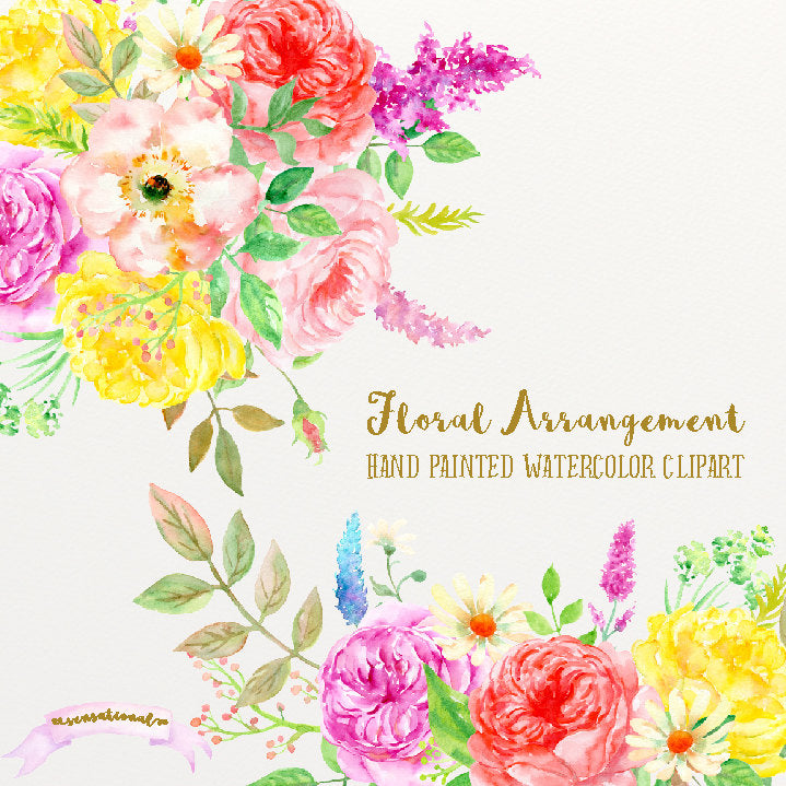 Sensational watercolor rose posy, floral composition, pink rose, yellow rose, corner croft design