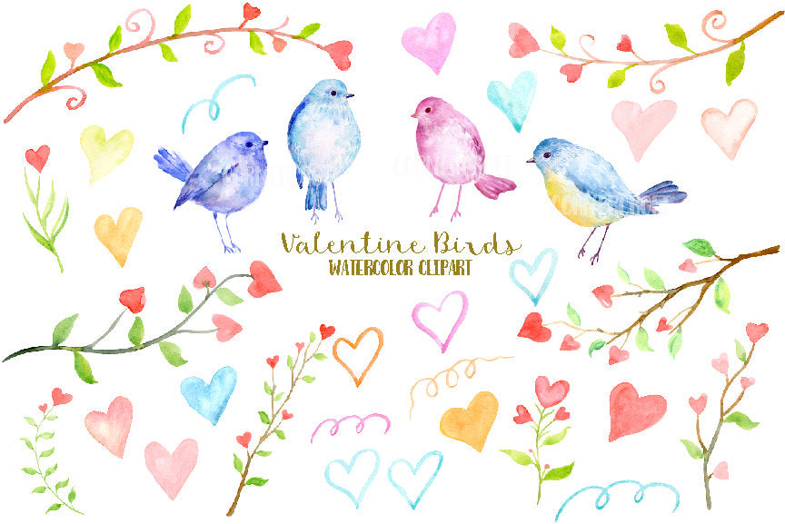 Watercolor Valentine Clipart, birds, tree branch with red hearts, blue and pink birds, heart doodles, instant download