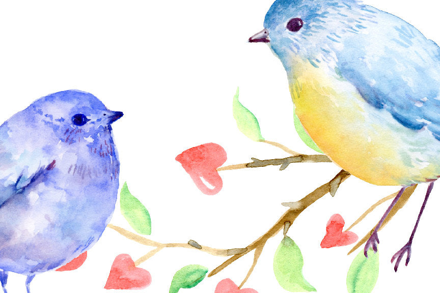 Watercolor Valentine Clipart, birds, tree branch with red hearts, blue and pink birds, heart doodles, instant download