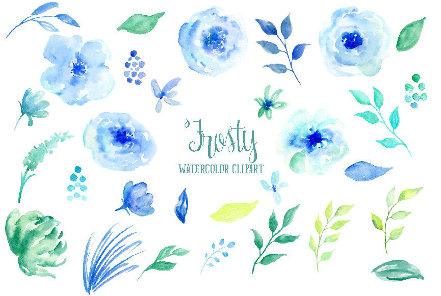 watercolour winter flower, leaf and branch, instant download, blue, mint flower, corner croft design