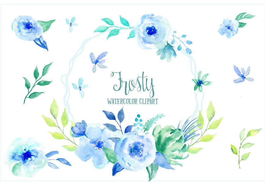 watercolour clipart frosty, blue flower, mint flower, flower composition, rose clip art
