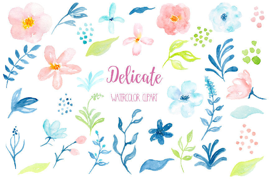Watercolour clipart Delicate, pastel pink, peach daisy flowers, blue flower, turquoise flower, blue leaf instant download