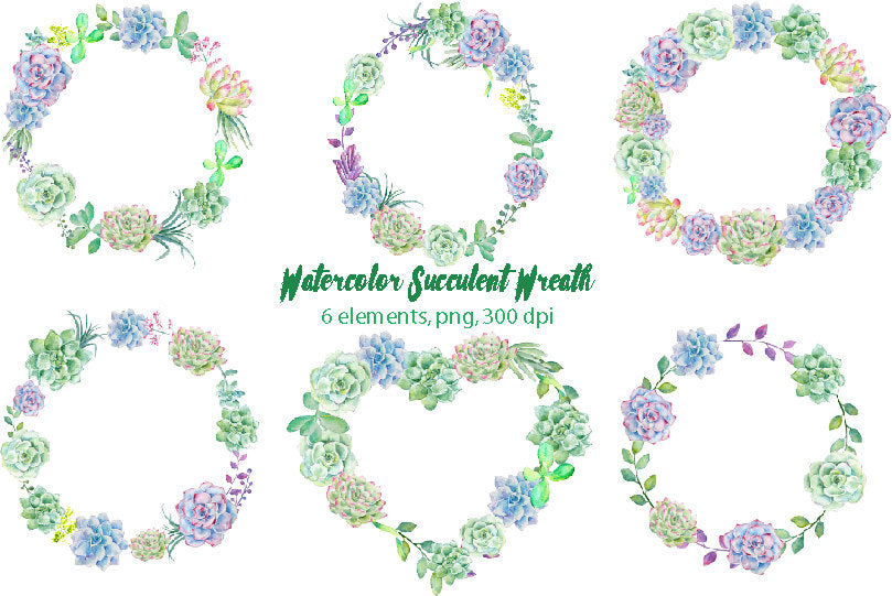 watercolor succulent plant wreath, green wreath, instant download 