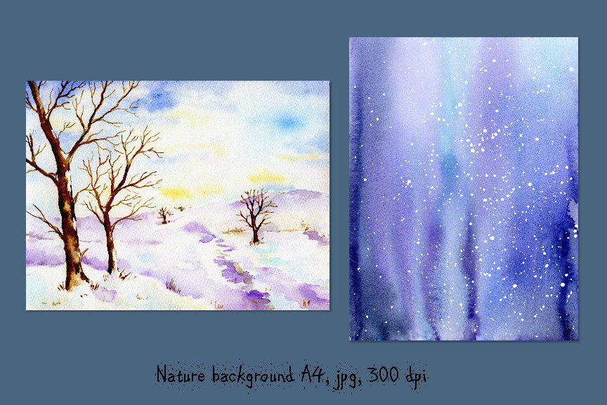 watercolor let it snow, snow forest, oak trees in snow, snow background, digital download 