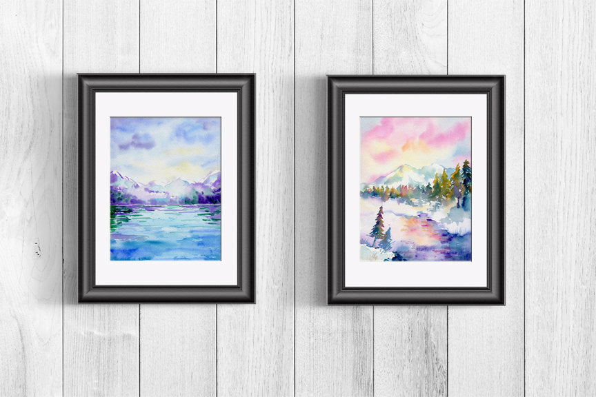 watercolor landscape background, instant download, snow mountain and stream, oak tree, 
