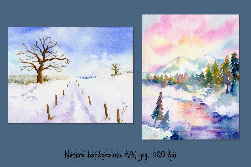 watercolor snow background, snow landscape paintings, instant download