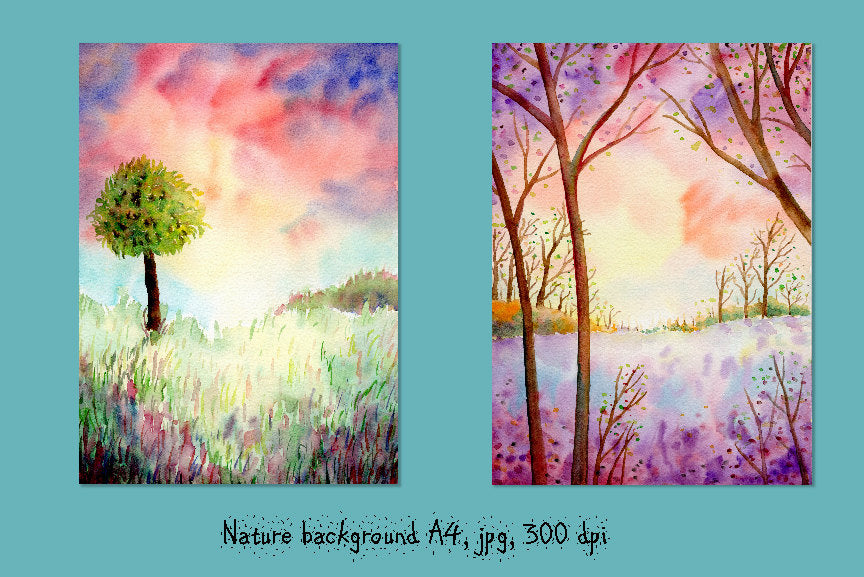 watercolor landscape paintings, spring woodland, blue bell woodland, instant download