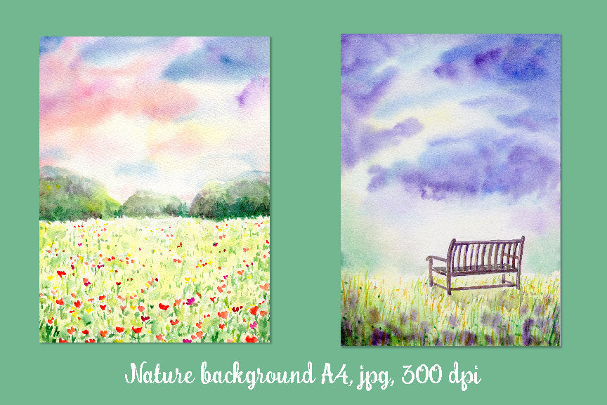 watercolor landscape painting, meadow, park bench, instant Download 