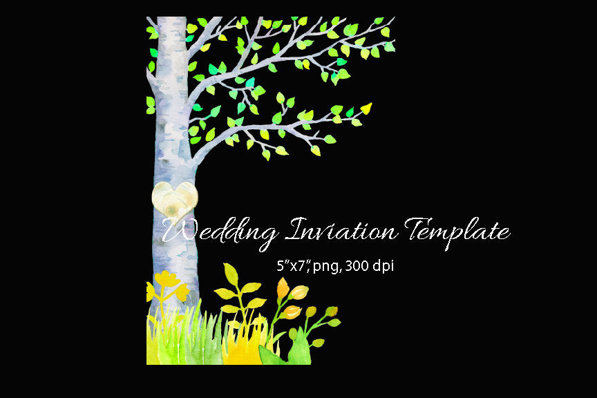 wedding invitation, spring birch illustration 