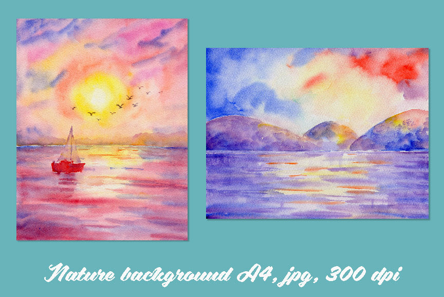 watercolor paintings of ocean, beach, palm trees, sunset at sea, instant download 