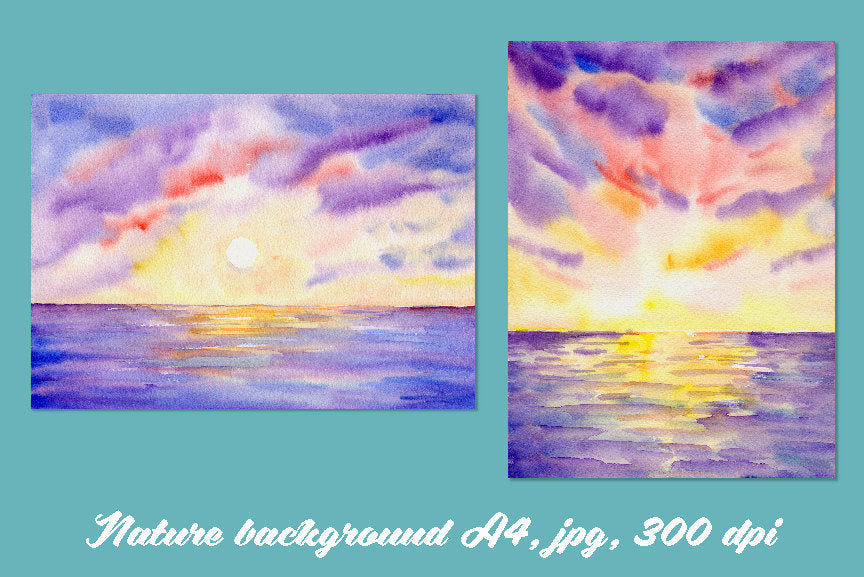 watercolor paintings of ocean, beach, palm trees, sunset at sea, instant download 