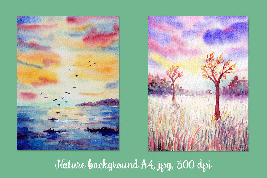 Watercolor nature background "Wild", digital background for instant download, meadow, park, birds and sunset background