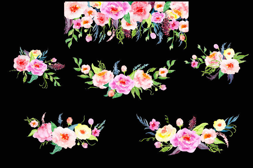 Watercolor floral arrangement, peony posy, corner croft design