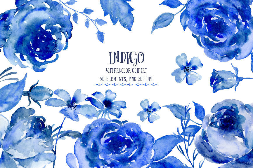 watercolour clipart indigo, dark blue flower, rose, daisy, instant download 