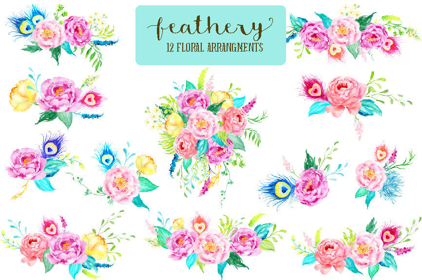 Watercolour bohemian peony floral compositions, floral arrangement, clipart feathery 