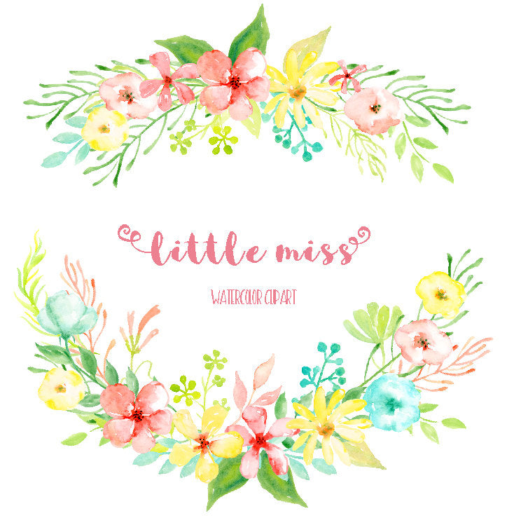 Watercolor clipart little miss, pink daisy, yellow daily flower, instant download 