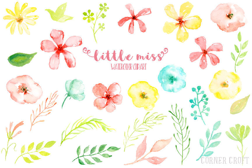 watercolor clipart little miss, pink daisy, yellow daisy, cheerful watercolor flowers for instant download 